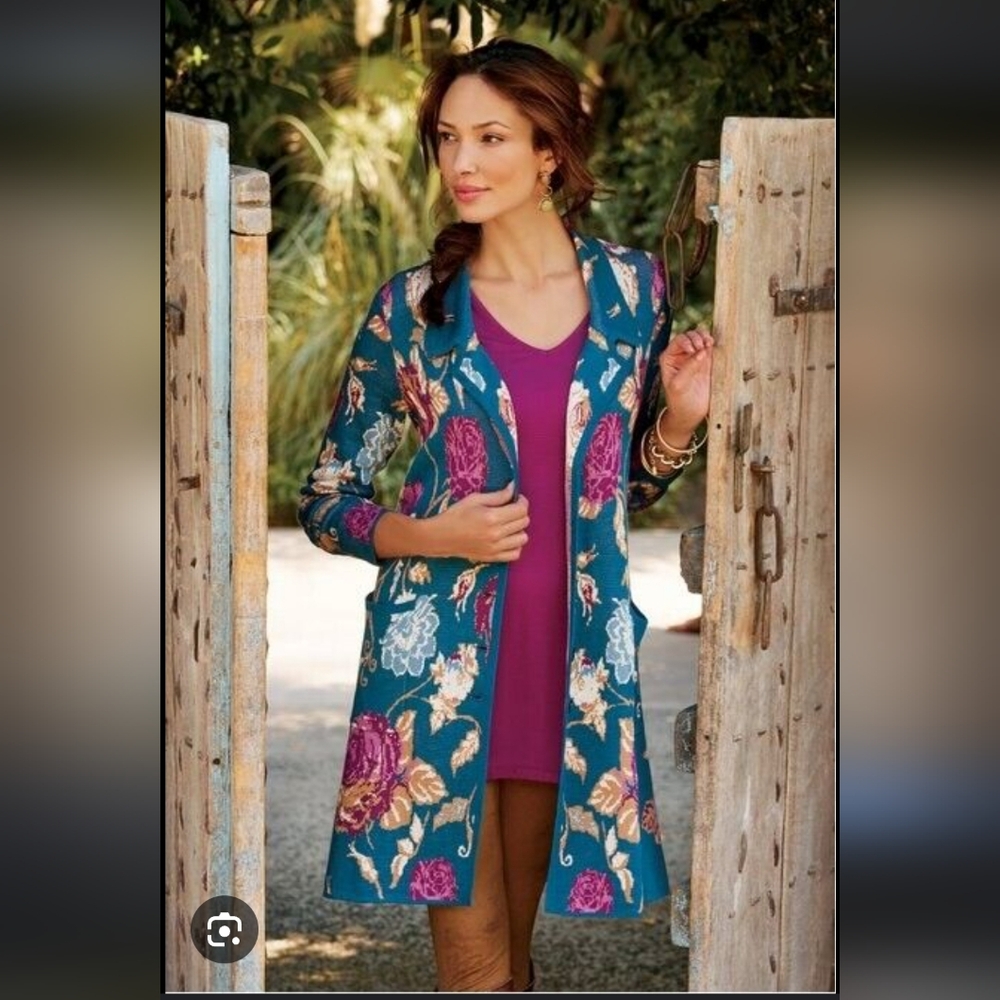 Soft Surroundings Longline Knit Cardigan In Floral Fairy Glen